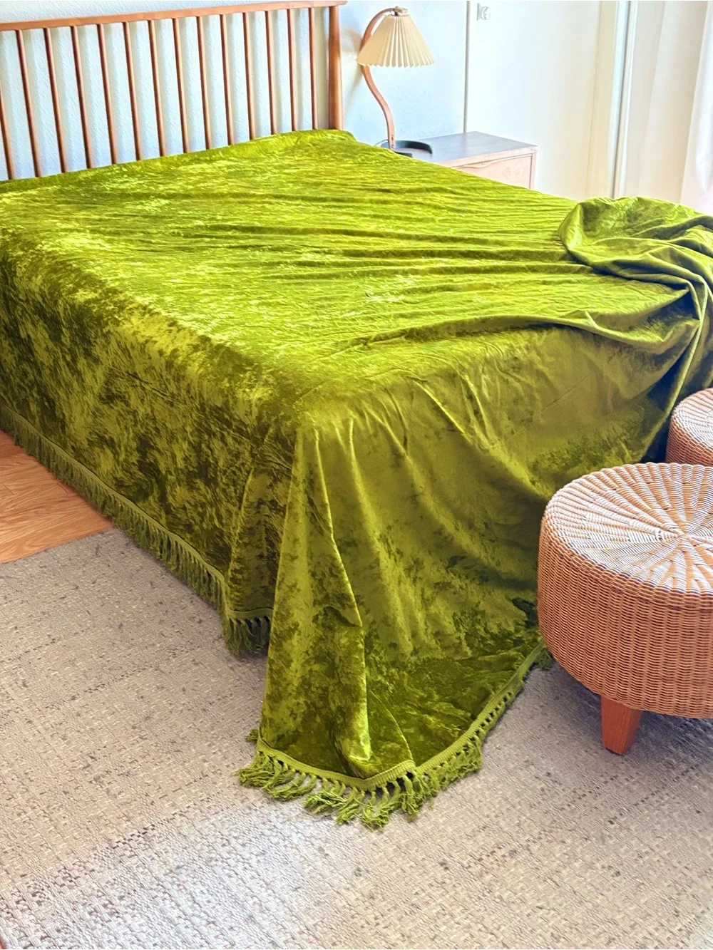Vintage MCM Bedspread Plush Velvet Bedspread in Olive Green with Fringe